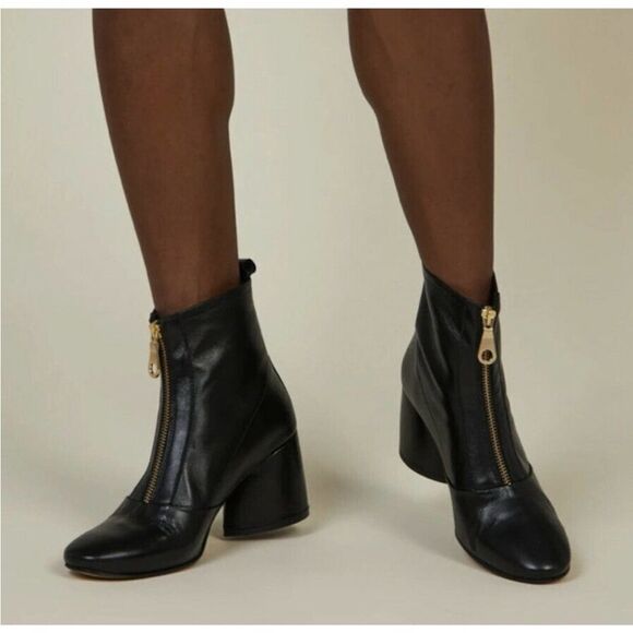 INTENTIONALLY BLANK Black Ankle Boots with Gold Zipper - Picture 1 of 9